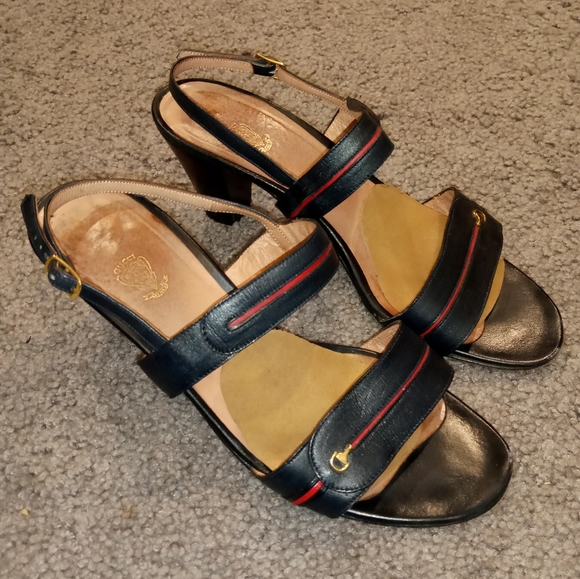 Gucci Italy Vintage Gold Bit Black Red Leather Sandals Heels Slides Shoes sz 38 - Picture 5 of 9